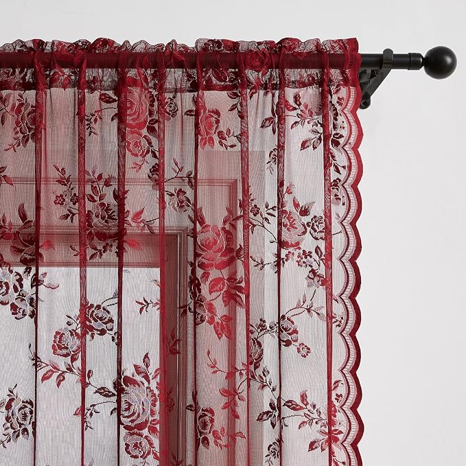 Burgundy Lace Curtains 80 Inches Long Vintage Floral Curtains 2 Panels - Image 3