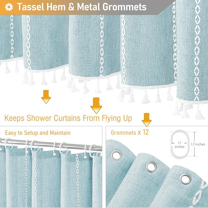 72x78 Long Boho Farmhouse Linen Heavy Duty Shower Curtain, Fog Blue | Tall Size - Image 5