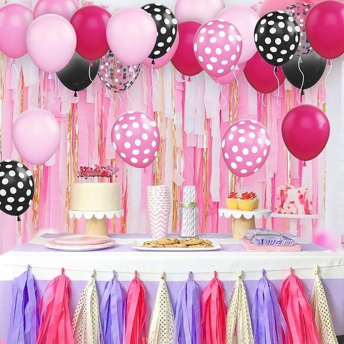 Pink and Black Balloons, 12 Inch Hot Pink Black Balloons Pink White Dots Black - Image 3