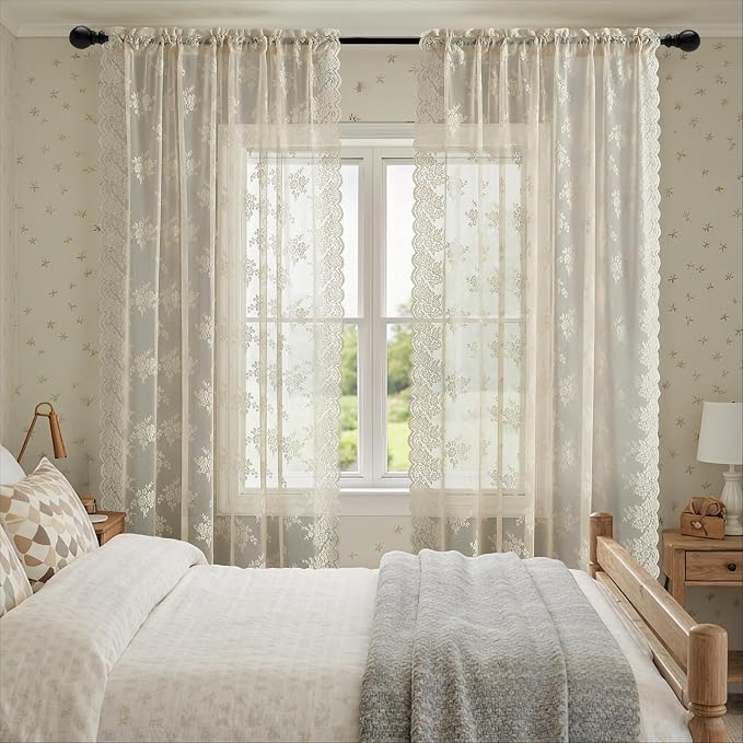 Kotile Beige Lace Curtains for Living Room Rustic Floral 52x92 Inch 2-Panel | - Image 2