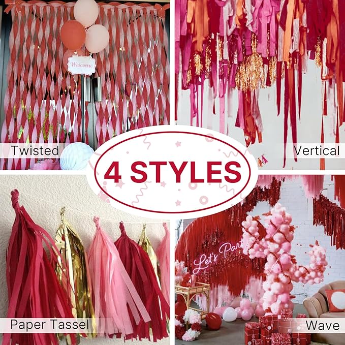 PartyWoo Pink Red Hot Red Crepe Paper Streamers 6 Rolls 492 FT | Baby Shower - Image 5