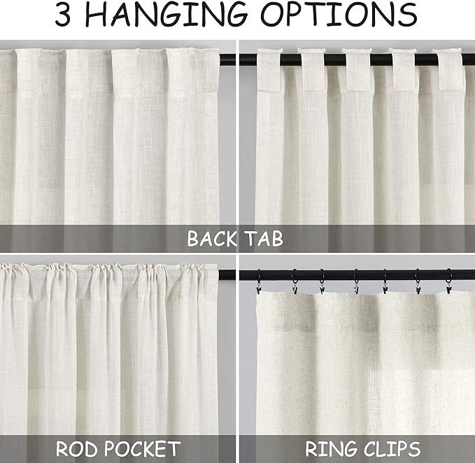 Cream Linen Curtains 80 inches for Living Room Bedroom Back Tab Modern - Image 3