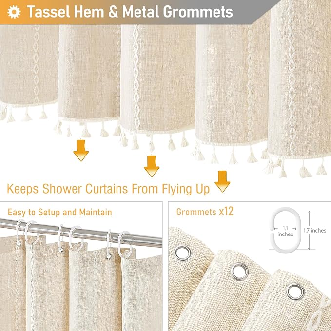 72x84 Long Boho Farmhouse Linen Heavy Duty Shower Curtain, Cream/Beige | Tall - Image 5