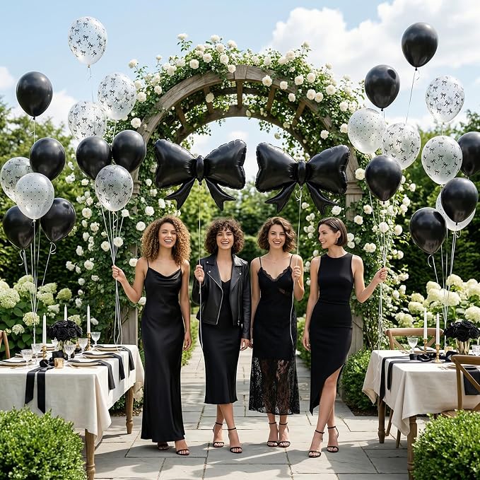 Black Bow Balloons, 12 Inch Black Pearl Transparent White Printed Balloons - Image 4