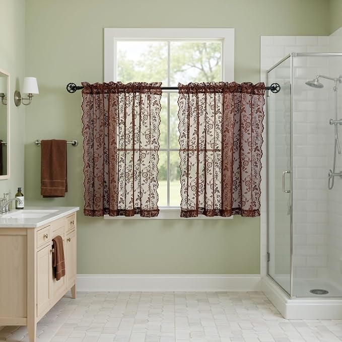Chestnut Brown Sheer Lace Curtains Leaf Floral W42 x L45 Inch, 2 Panels | Rod - Image 5
