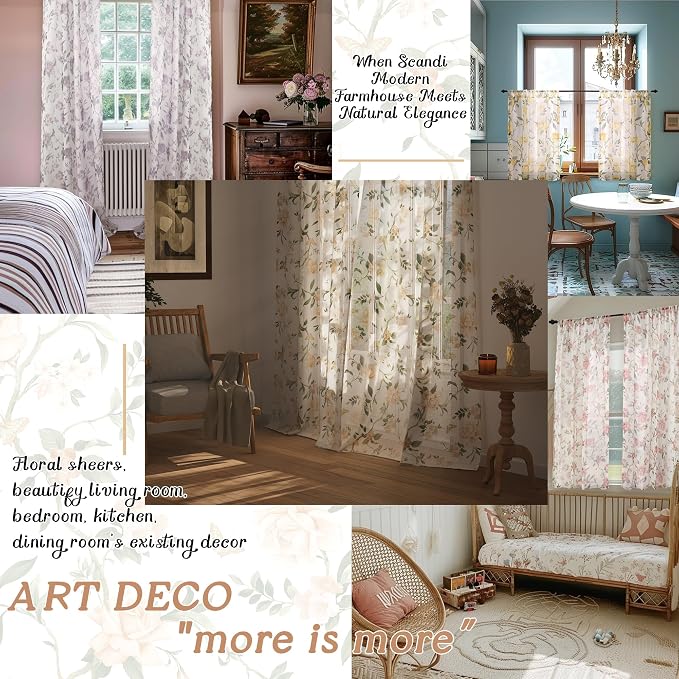 Sage Sheer Curtains 45 Inch Length 2 Panels Set Sheer, Leaf Patterned Linen - Image 5