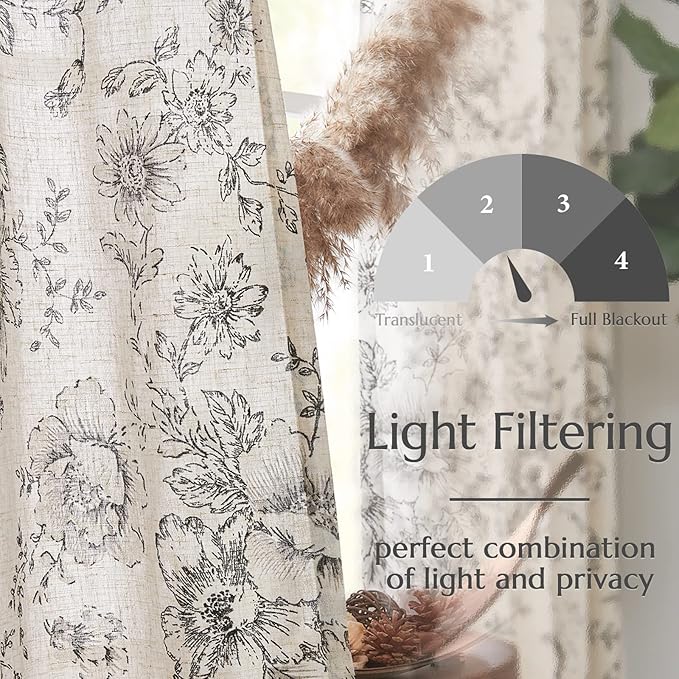 jinchan Black Floral Linen Curtains 63 Inch Vintage Back Tab 2 Panels | Light - Image 3