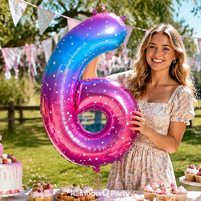 RainbowQ Blue Pink 6 Balloon Number 40 Inch Big 0-10 Foil Large Balloon | - Image 3