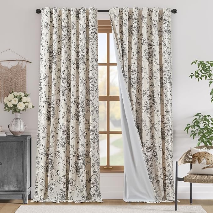 jinchan Black Floral Linen Curtains Lined 96 Inch Vintage Back Tab 2 Panels | by JINCHAN
