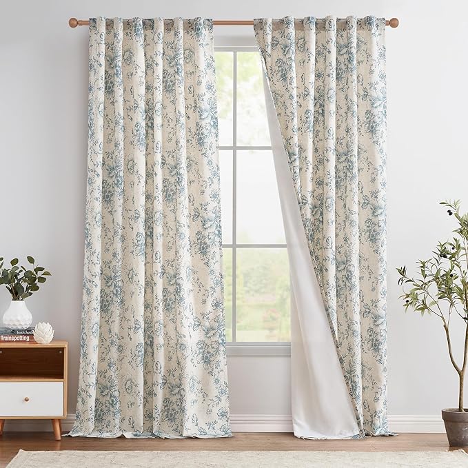 jinchan Floral Linen Curtains Lined 108 Inch Farmhouse Back Tab 2 Panels | by JINCHAN