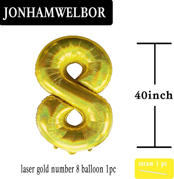 Jonhamwelbor 40 Inch Laser Gold Number 8 Balloon Foil Mylar | Giant Balloon - Image 2