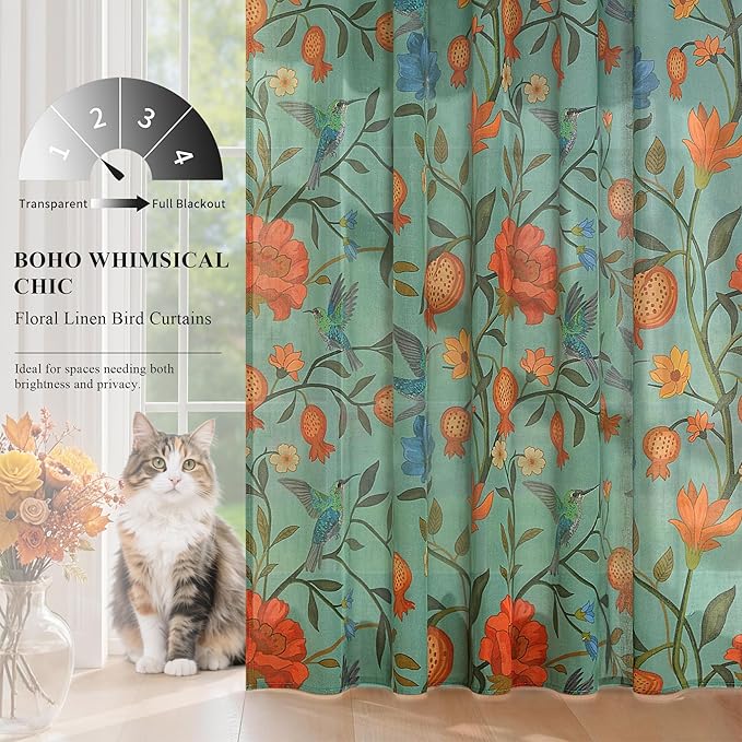 72 Inch Boho Floral Curtains Tropical Bird Print Linen Semi Sheer Window Drapes - Image 2