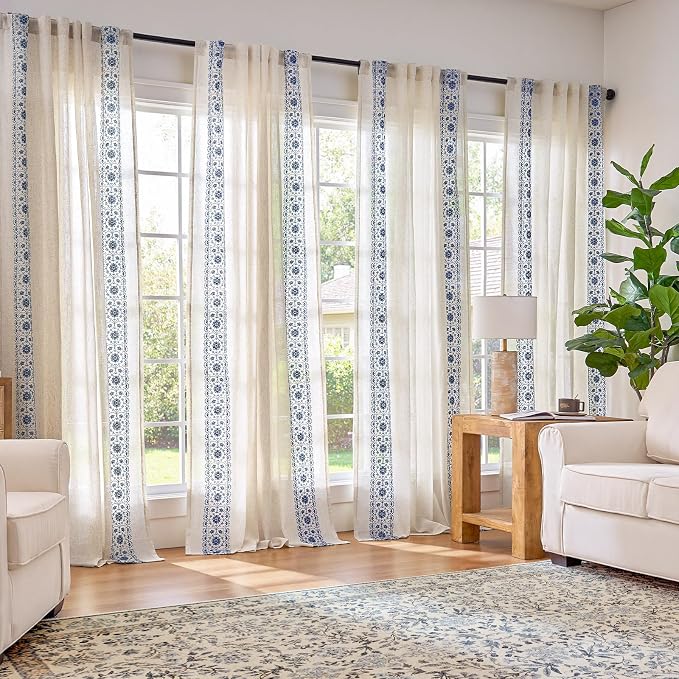 jinchan Floral Linen Curtains Embroidered Back Tab 50x72in 2 Panels Blue | - Image 2