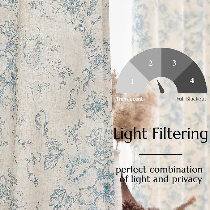 jinchan Blue Floral Linen Curtains Lined 90 Inch Vintage Back Tab 2 Panels | - Image 4