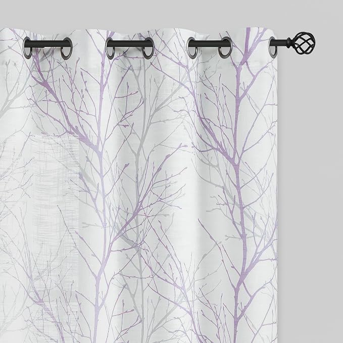 FMFUNCTEX Linen Lilac White Semi Sheer Print Curtains 96 Inch Long 2 Panels | by Fmfunctex