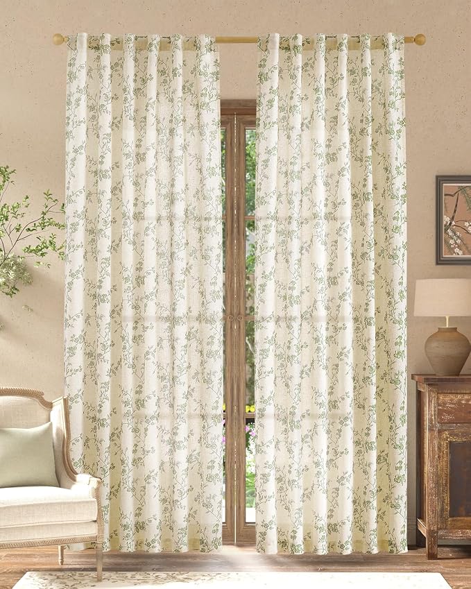 jinchan Green Floral Linen Curtains 90 Inch Farmhouse Back Tab 2 Panels | - Image 2