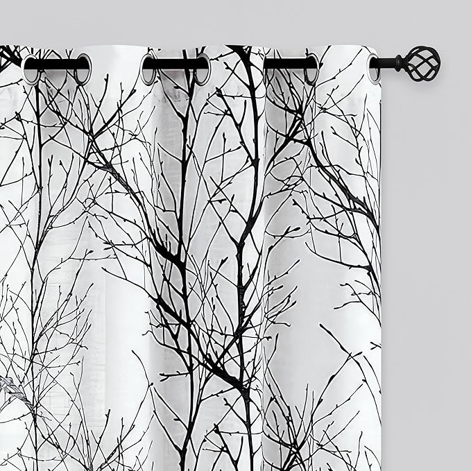 FMFUNCTEX Linen Black White Semi Sheer Print Curtains 96 Inch Long 2 Panels | by Fmfunctex
