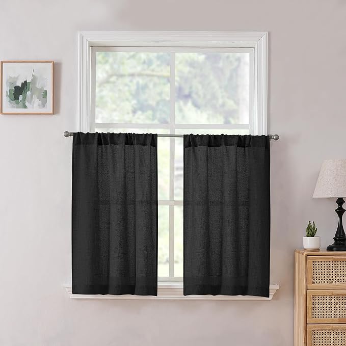 Tollpiz Linen Tier Curtains Rod Pocket Semi Sheer Short Kitchen Curtain Half by Tollpiz