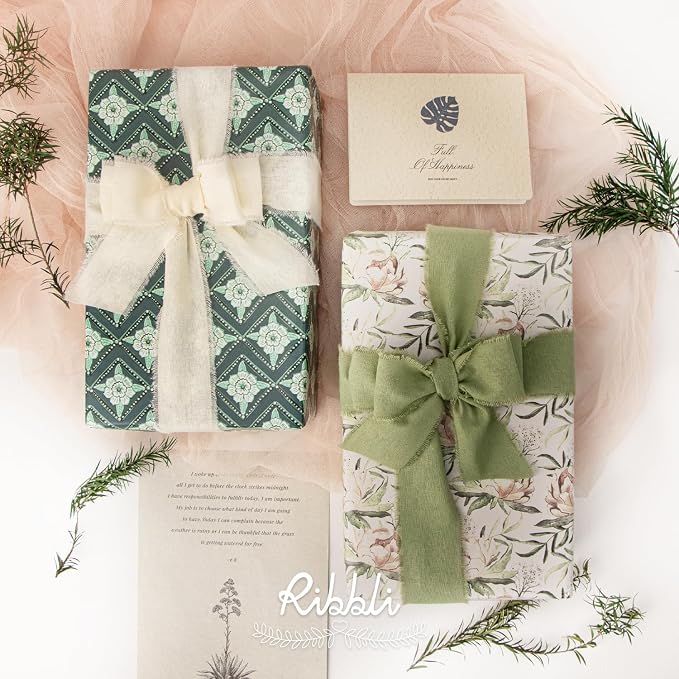 Ribbli 3 Rolls Green Ribbon 1.5 Inch x 18Yards Ivory Sage Moss Handmade Cotton - Image 2