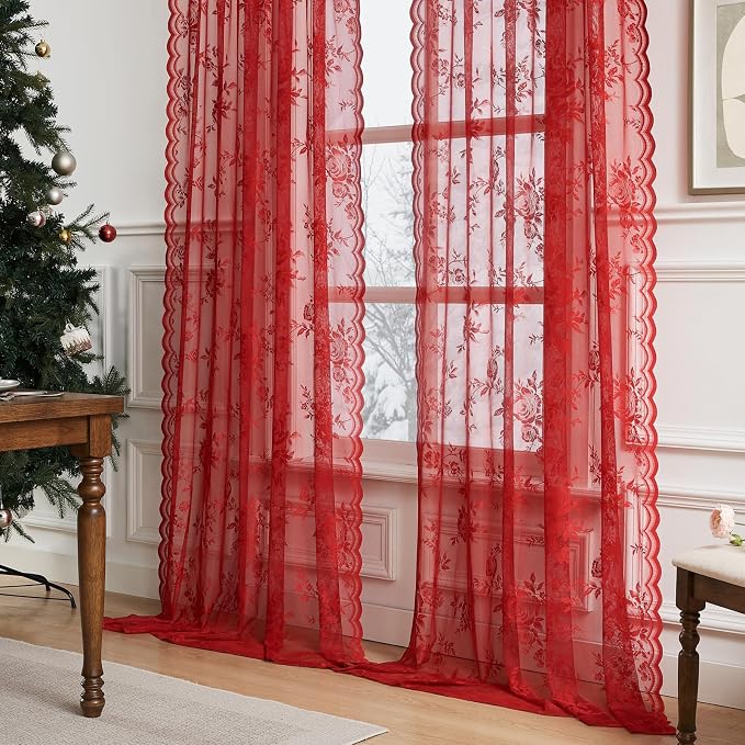 Red Lace Curtains 45 Inch Length 2 Panels Set Romantic Country Flower Curtains - Image 3