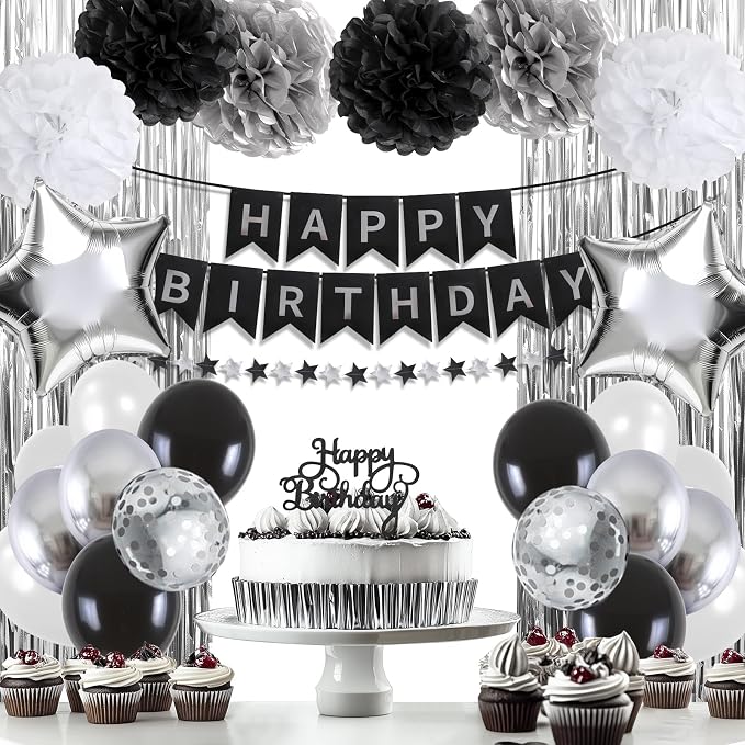 Black and Silver Happy Birthday Party Decorations by HEDUPT