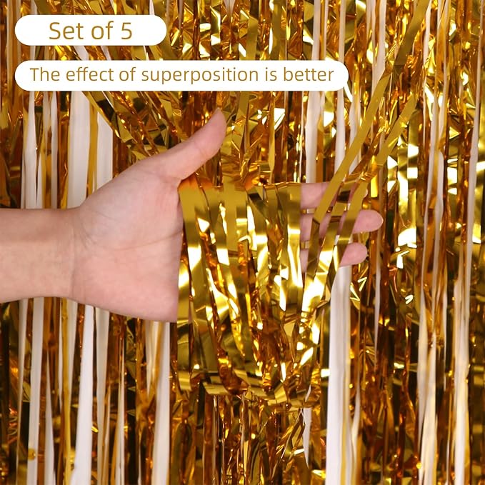 5 Pack Gold Foil Curtain Backdrop 3.2ft x 9.8ft Metallic Tinsel Foil Fringe - Image 2