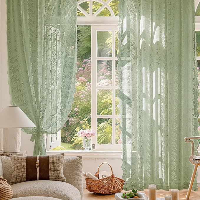 Anmao Vintage Lace Kitchen Curtains 24 Inches Long 2 Panels, Romantic Semi - Image 7