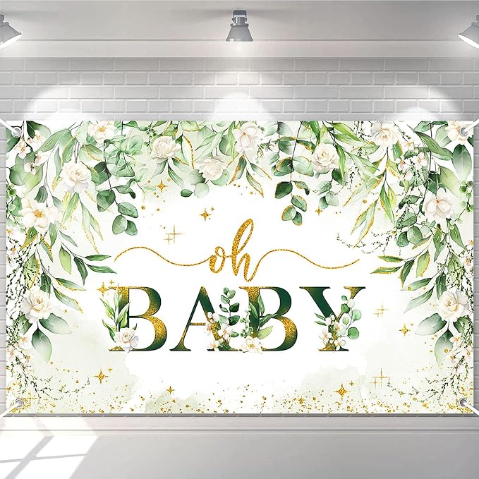 Greenery Boy Baby Shower Decorations Banner Floral Green Sage Oh Baby Backdrop by AVEZANO