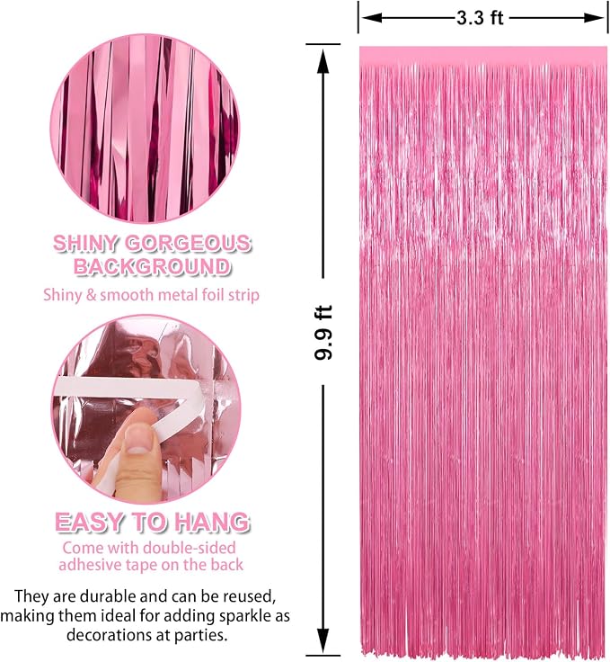 3 Pack 3.3 x 9.9 ft Pink Foil Fringe Curtains Streamers Party Decorations | - Image 2