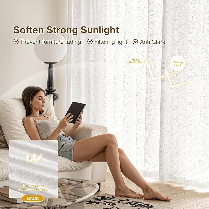 Anmao White Semi Sheer Light Filtering Curtains 90 Inches Long 2 Panels - Image 6