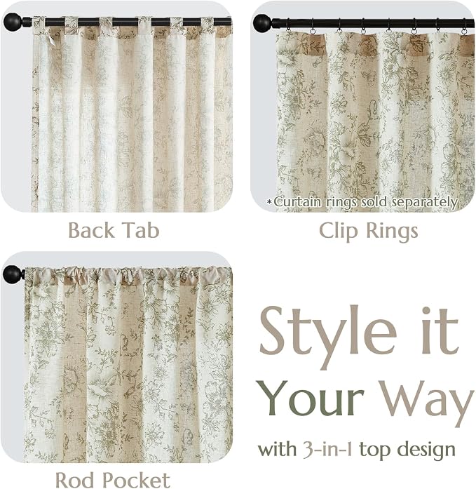 jinchan Green Floral Linen Curtains 63 Inch Vintage Back Tab 2 Panels | Light - Image 3