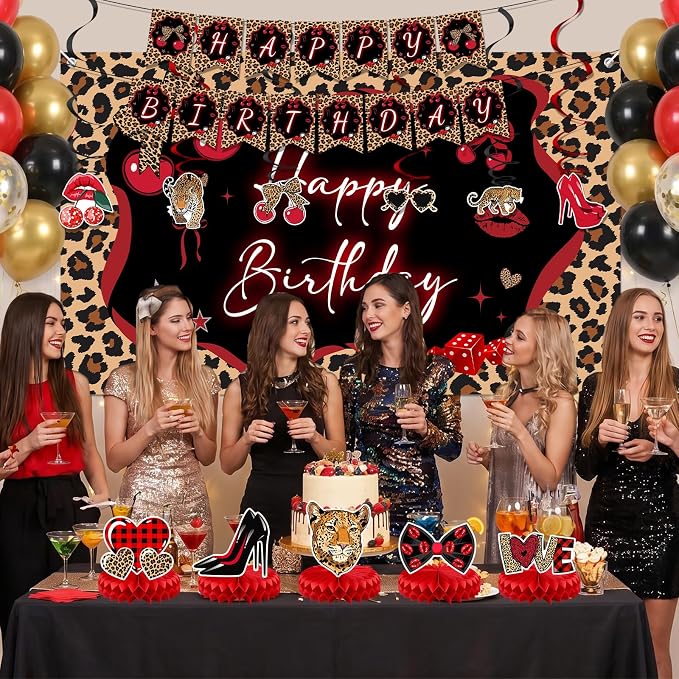 Cheetah Print Party Decorations 29pcs Cheetah Cherry Party Supplies | Red Black - Image 9