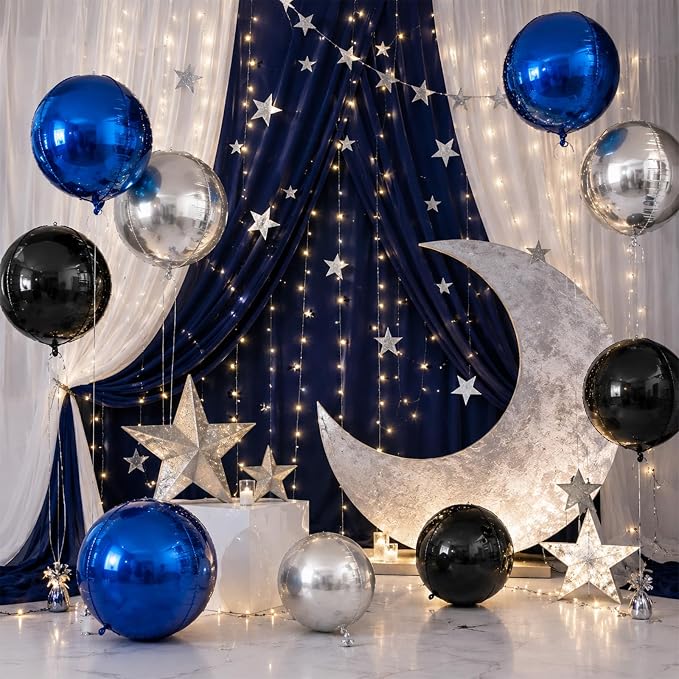 15 Pcs Navy Blue Black Silver Round Foil Balloons, 22/15/10 Inch 4D Ball - Image 4