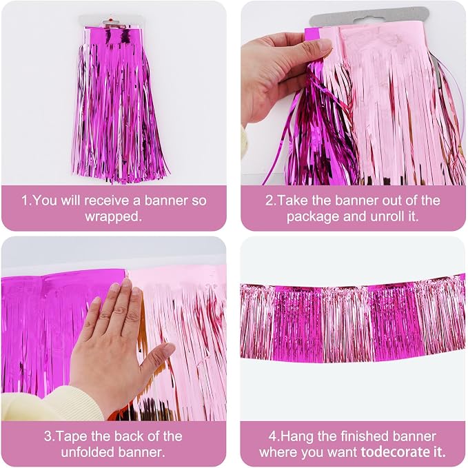 BEISHIDA Pink Mix Fringe Garland Banner 30ft Wall Tinsel Foil Streamers | 3Pack - Image 2