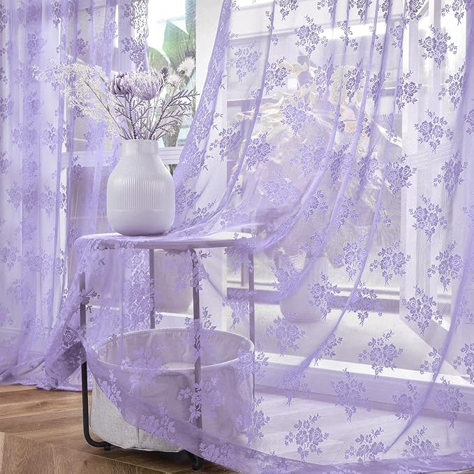Kotile Light Purple Floral Sheer Curtains - Image 5