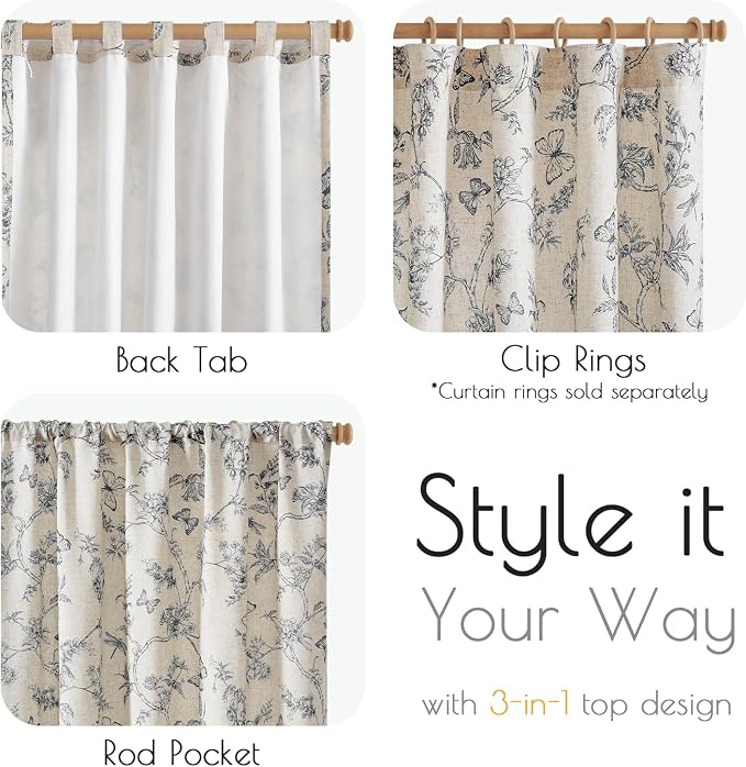 Black Floral Linen Lined Curtains Rod Pocket 50W X 96L 2 Panels | Charlotte - Image 6