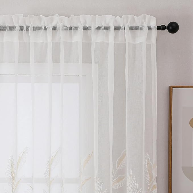 White Sheer Curtains Beige Embroidered Leaf 2 Panels 63 Inches | Light - Image 3