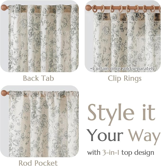 jinchan Gray Floral Linen Curtains Lined 63 Inch Vintage Back Tab 2 Panels | - Image 6