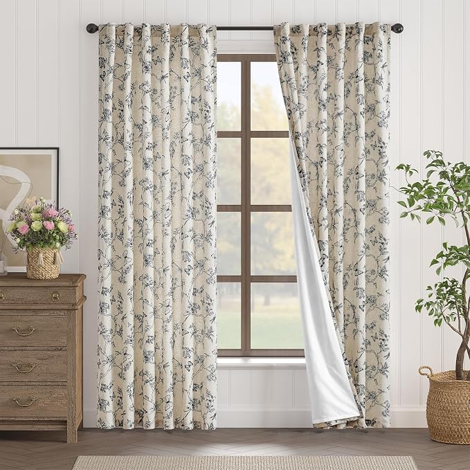 Black Floral Linen Lined Curtains Rod Pocket 50W X 90L 2 Panels | Charlotte - Image 2
