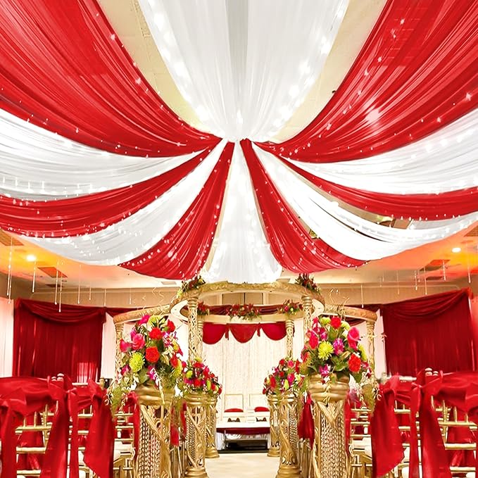 4 Panels Red Ceiling Drapes for Wedding Ceiling Drapes 5ftx30ft Wedding Arch by Showgeous