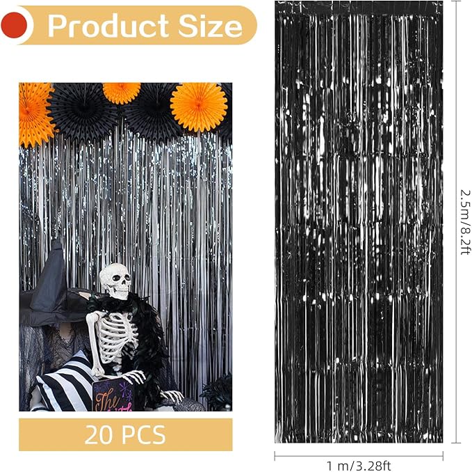 20 Pack Black Foil Curtain 3.2ft x 8.2ft Metallic Tinsel Fringe Streamer - Image 3