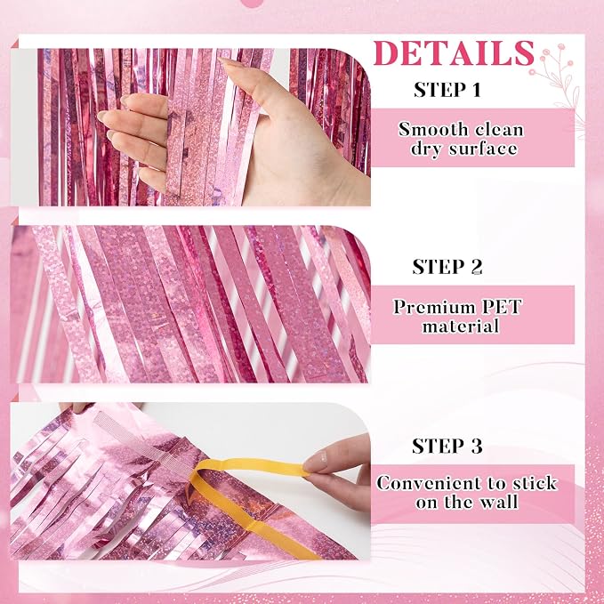 8 Pcs Iridescent Pink 15ft Metallic Foil Ceiling Fringe Curtains - Image 3