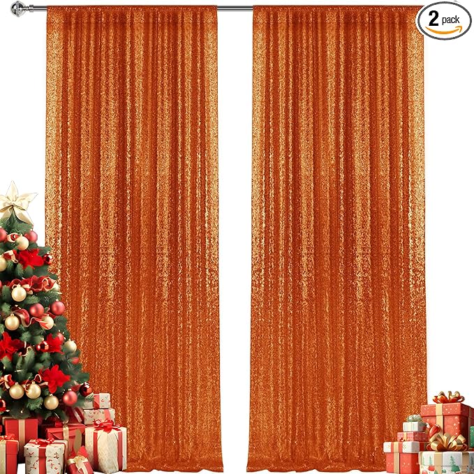 2×8FT-2PCS Orange Sequin Backdrop Curtains Panels, Photography Backdrop Glitter by Pufogu