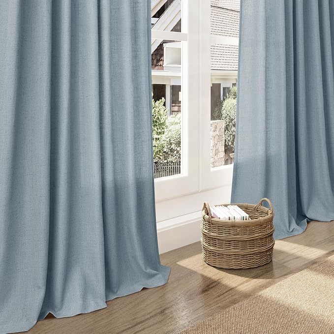 Light Blue Linen Curtains for Living Room Bedroom 100 Inches Long Back Tab Rod - Image 6