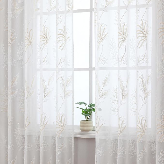 White Sheer Curtains Beige Embroidered Leaf 2 Panels 63 Inches | Light - Image 2