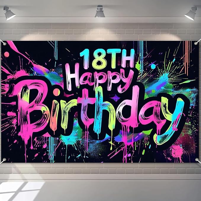 HOMETITUTE Neon 18th Happy Birthday Banner 71x43 Inch | Glow in The Dark Party by HOMETITUTE