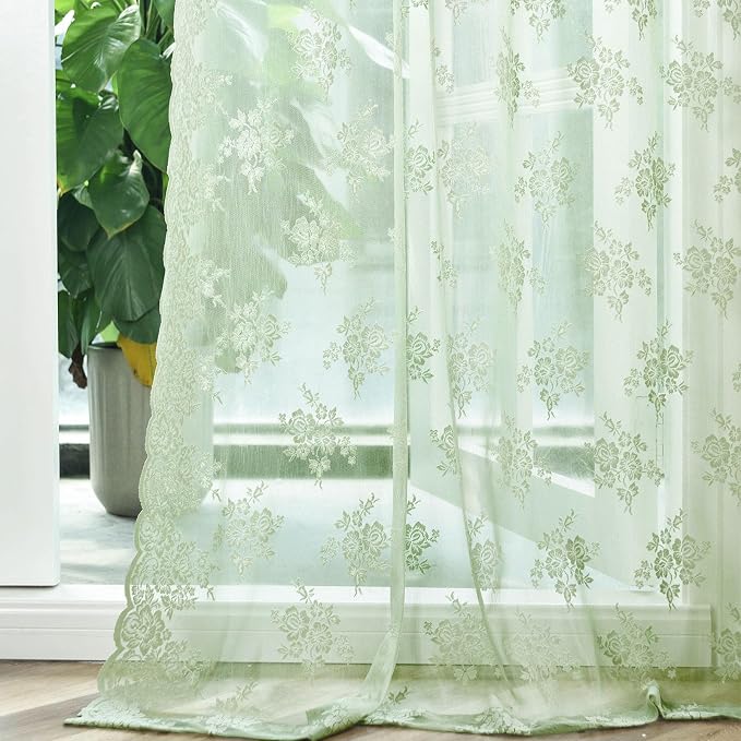 Kotile Sage Green Lace Kitchen Curtains Rustic Floral W42xL45 Inch 2 Panels | - Image 8