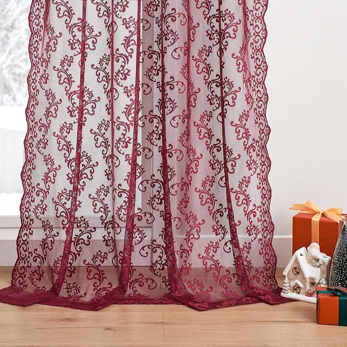 FOLKSIDE Burgundy Lace Curtains 84 Inches Long 2 Panels - Image 5
