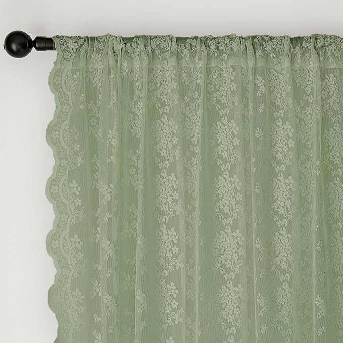 Anmao Vintage Sage Green Lace Curtains 45 Inches Long 2 Panels Sets, Romantic - Image 6