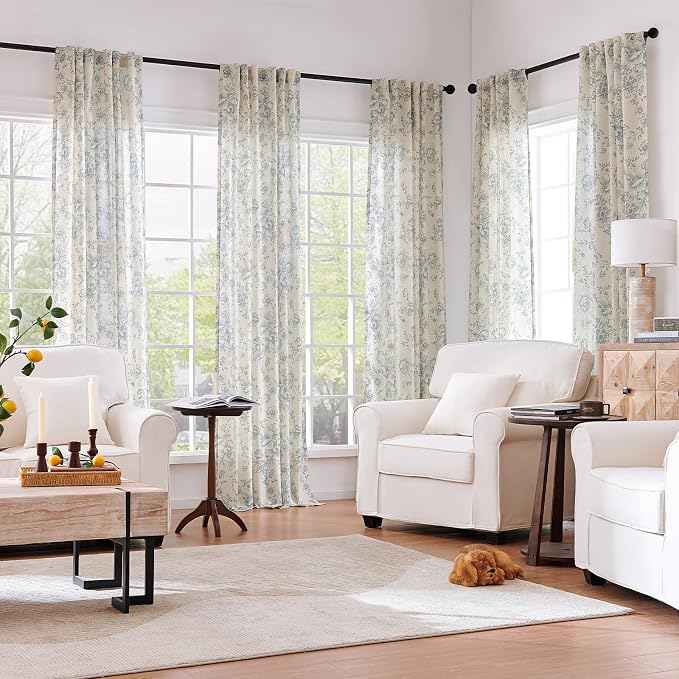 jinchan Blue Floral Linen Curtains 84 Inch Farmhouse Back Tab 2 Panels | Light - Image 2